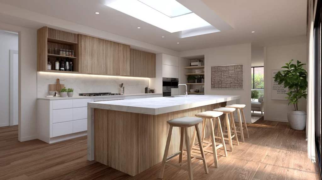 מטבח לבן מעוצב עם אי